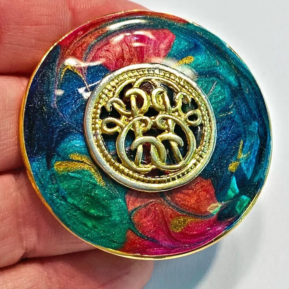 Vintage 1980's Brooch Round Goldtone Multicolor Enamel Finish Classic Boss Lady